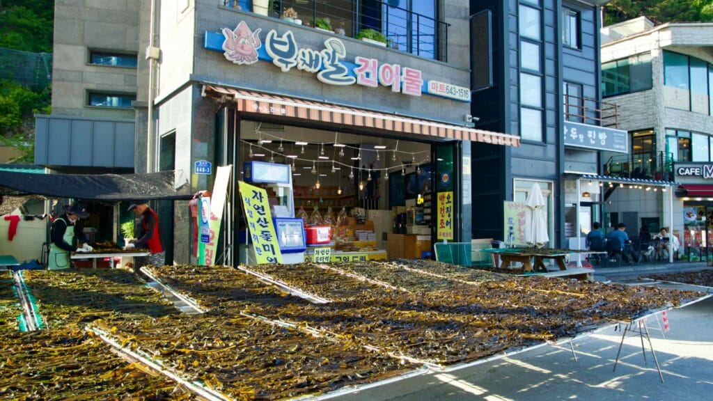 Seaweed drying in the sun outside a shop at Simgok Port.