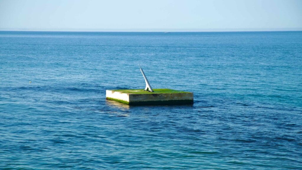 A sundial sits on a platform in the sea near the end of the observation deck near Sun Cruise Resort in Jeongdongjin.
