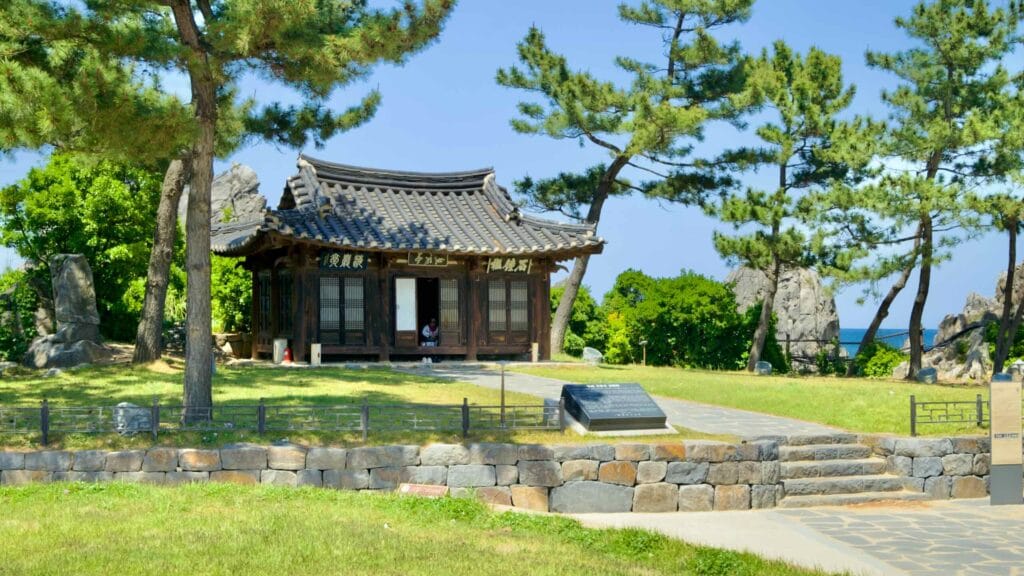 The historic Haeam Pavilion stands as a serene cultural landmark near Chuam Candlestick Rock in Donghae City.