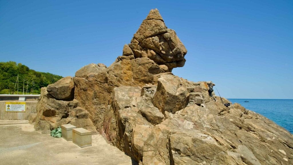 A close-up view of Isabu Lion Rock along the Isabu Road on Samcheok City's coastline.