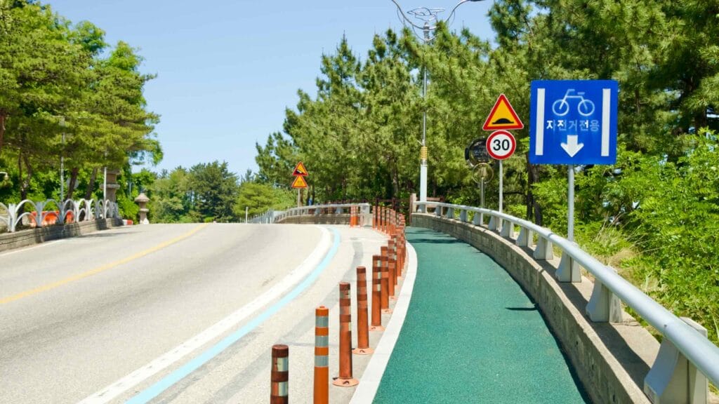 A cycling path runs alongside the scenic Isabu Road, lined with pine trees and traffic signs.
