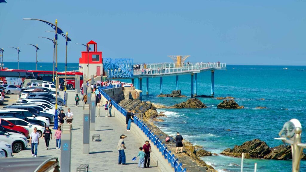 Visitors enjoy a sunny day at Dojebigol Haerang Observatory, walking along the elevated walkway over the East Sea.