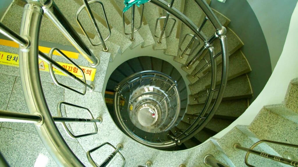 Looking down the spiral staircase inside Mukho Lighthouse.