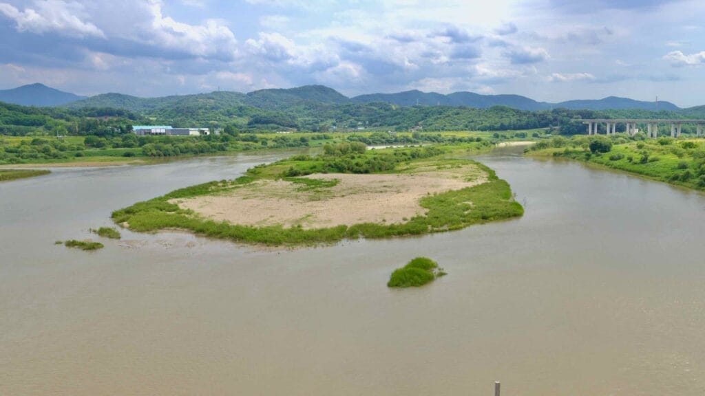 A view of the Geum River from Haknara Bridge, showcasing a sandbank and lush greenery.