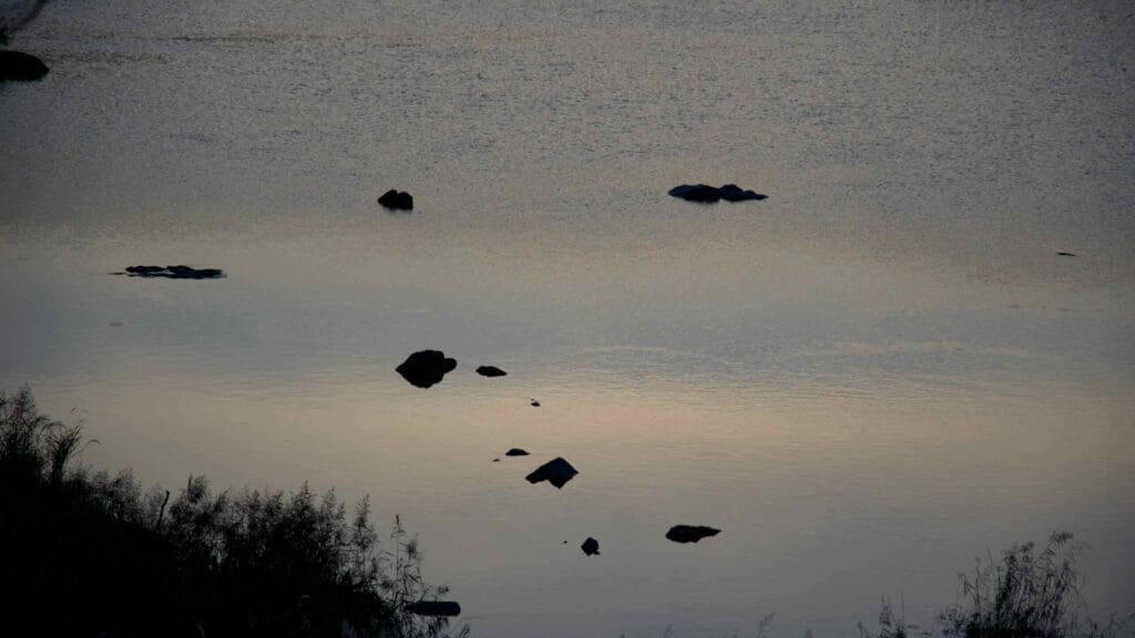 Small rocks break the surface of the calm Seomjin River as the soft evening light reflects on the water.