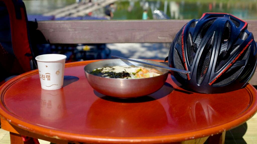 A bowl of myeolchi guksu, anchovy-based noodle soup, on Damyang Noodle Street.