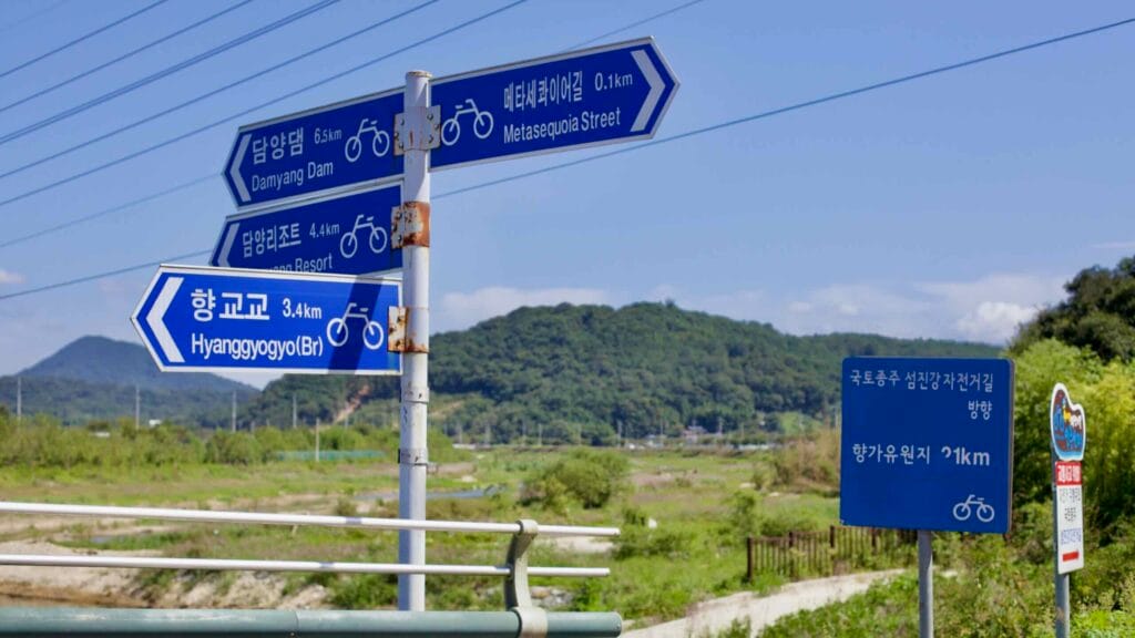 Route signs mark distances to Metasequoia Road, Damyang Dam, and Hyanggyogyo Bridge.