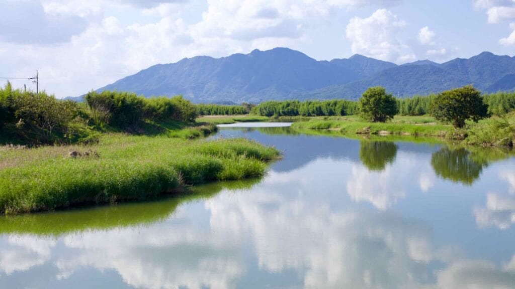 Calm Yeongsan River reflects white clouds, surrounded by lush greenery and mountains.