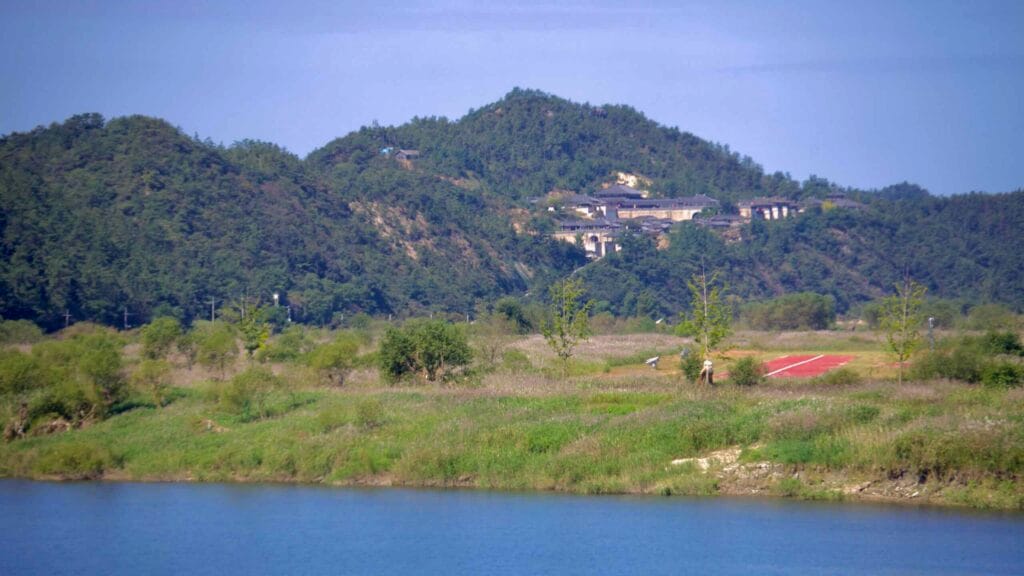 A distant view of the now-demolished Naju Image Theme Park, once a grand film set for historical