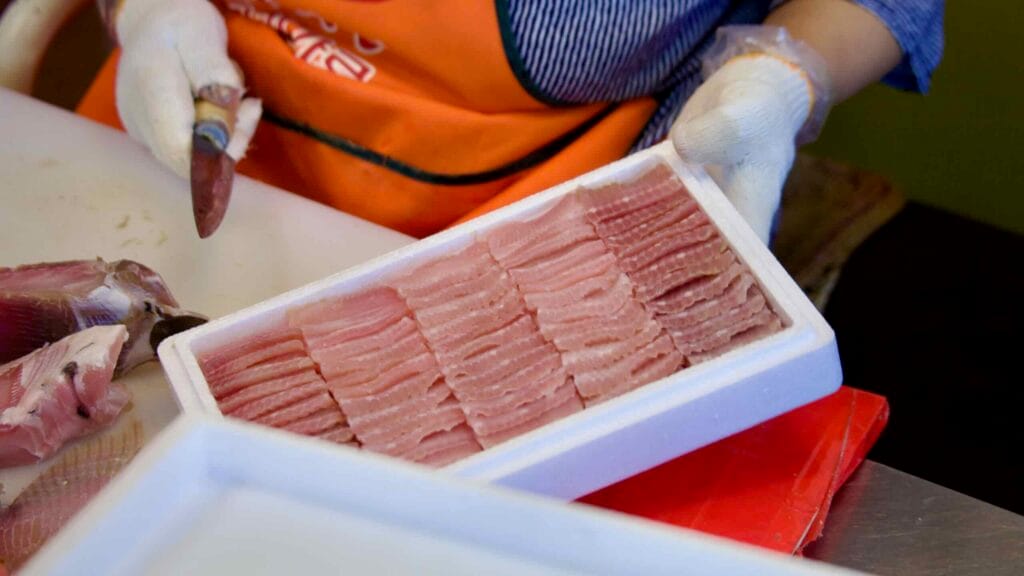 A tray of hongeo-hoe, fermented skate at a seafood shop on Hongeo Street.