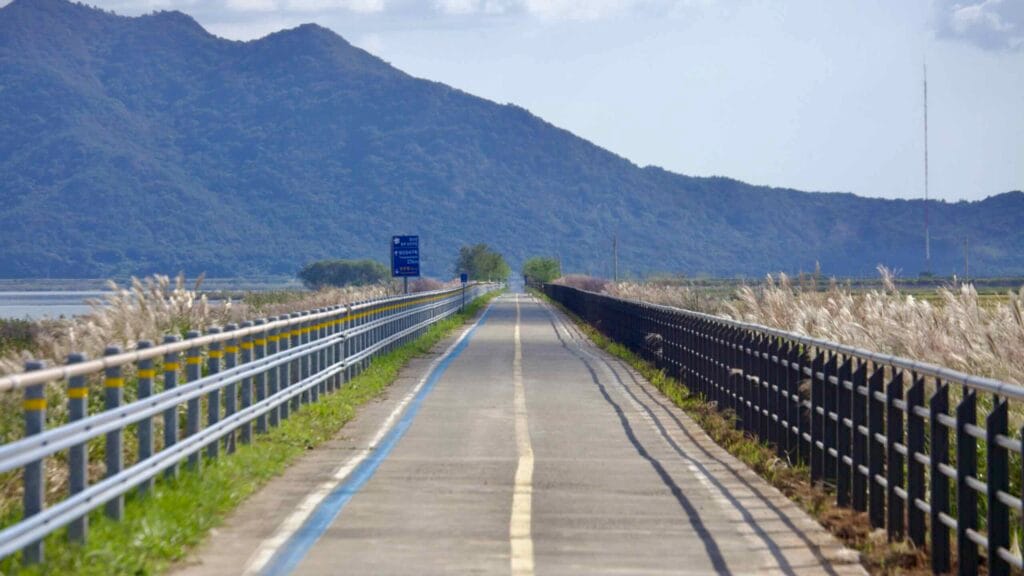 A long, straight section of the Yeongsangang Bike Path stretches toward a tree-lined horizon