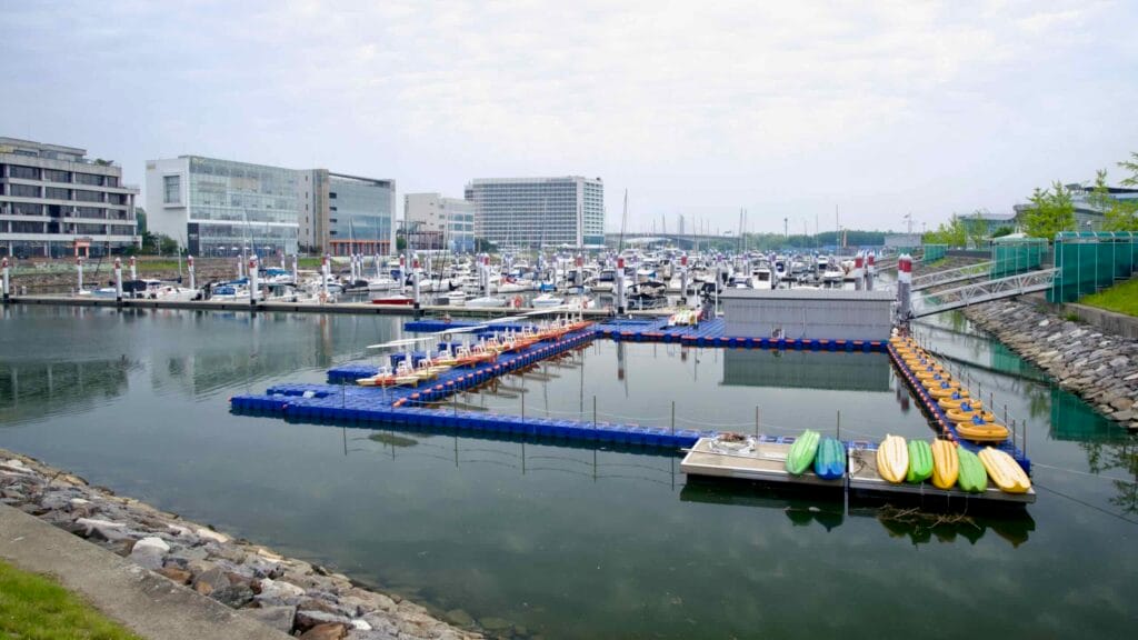Brightly colored kayaks and pedal boats rest on floating docks in the calm basin of Ara Marina, with yachts and city buildings filling the harbor behind.