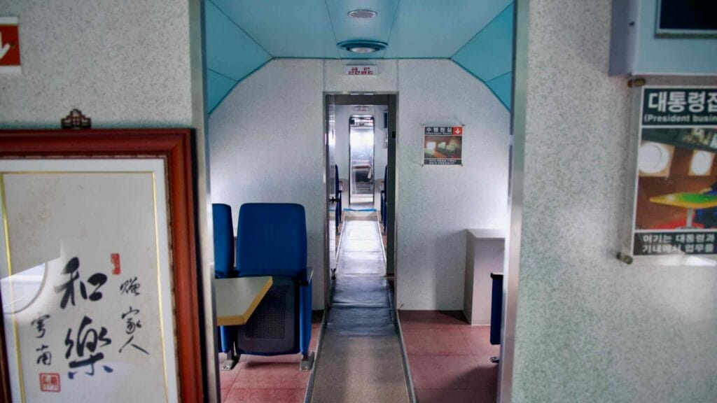 Restored interior of a former Korean presidential aircraft at Gangneung Unification Park.