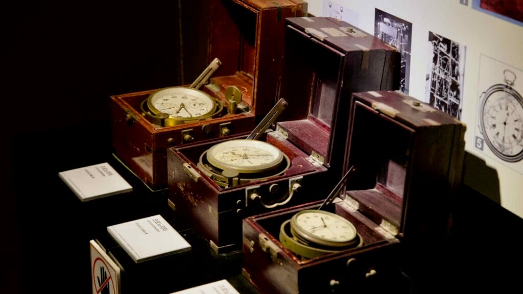 Antique maritime chronometers sits in protective cases inside the Jeongdongjin Time Museum.