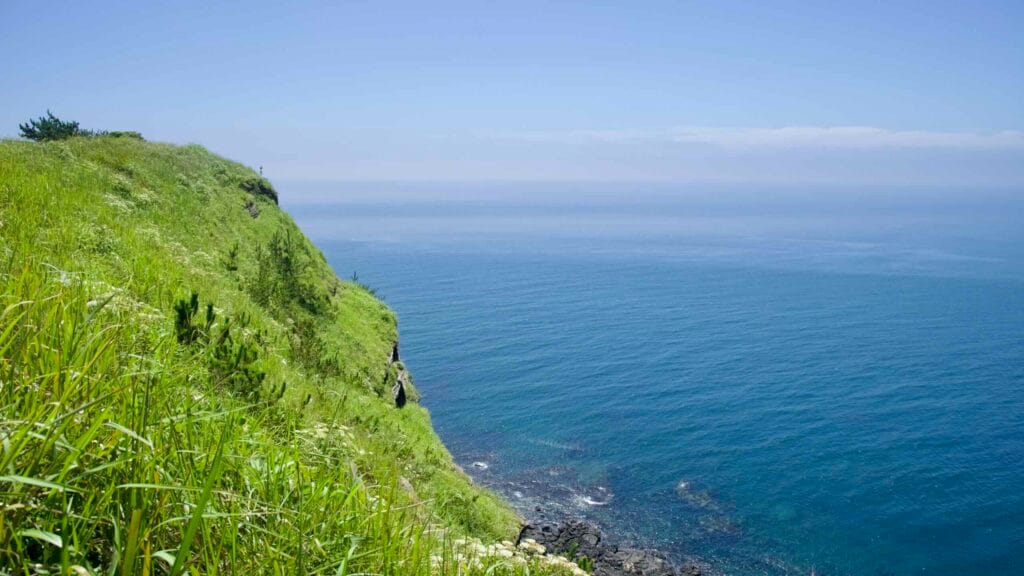 Suwolbong’s grassy cliff edge and the calm Korea Strait below.