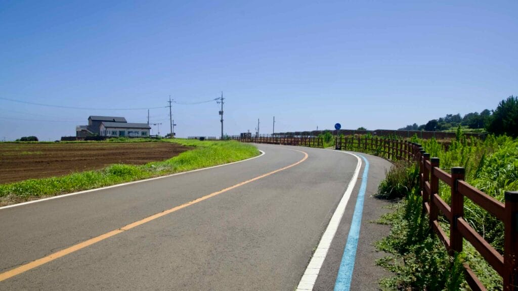Curving rural road and blue bike line by Suwolbong’s fields on Jeju’s west coast.