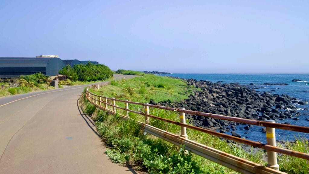 Curving seaside road and guardrail above Jeju’s basalt shoreline on the west coast.