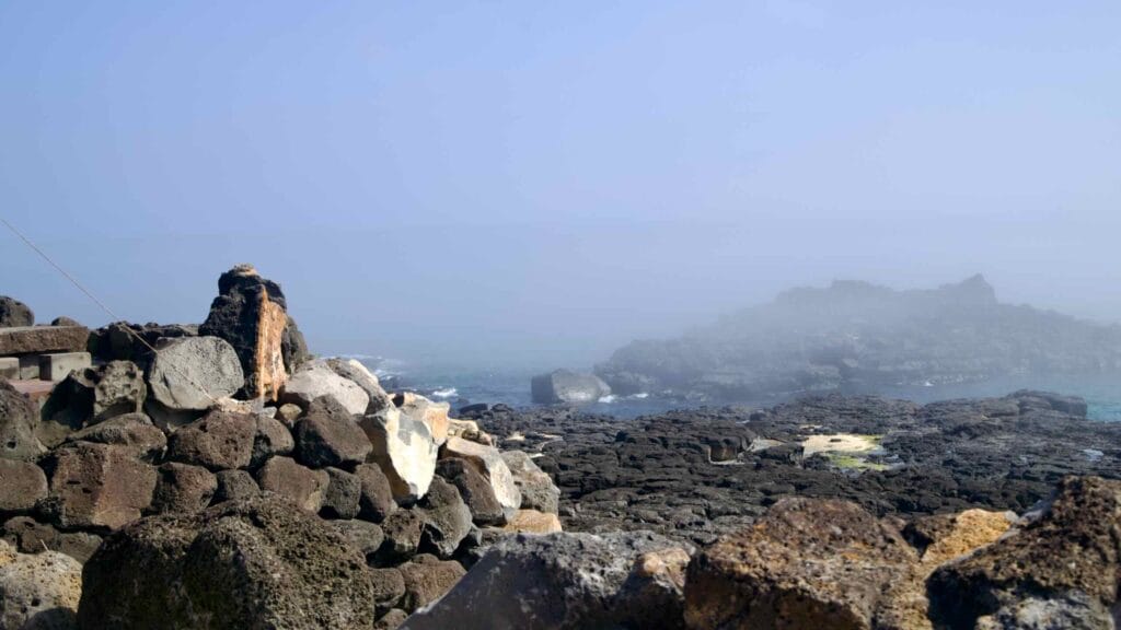 Sea fog drifts over lava flats and tide pools near Yeongnak.