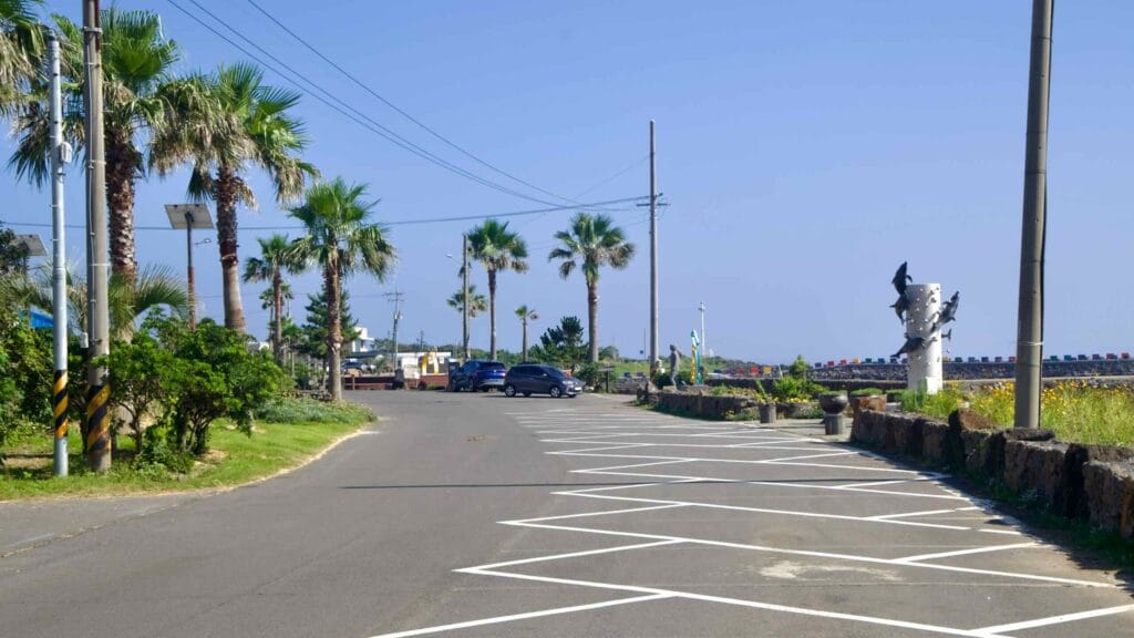 Palm‑lined parking area beside the breakwater near Dongil‑ri Port, Jeju.