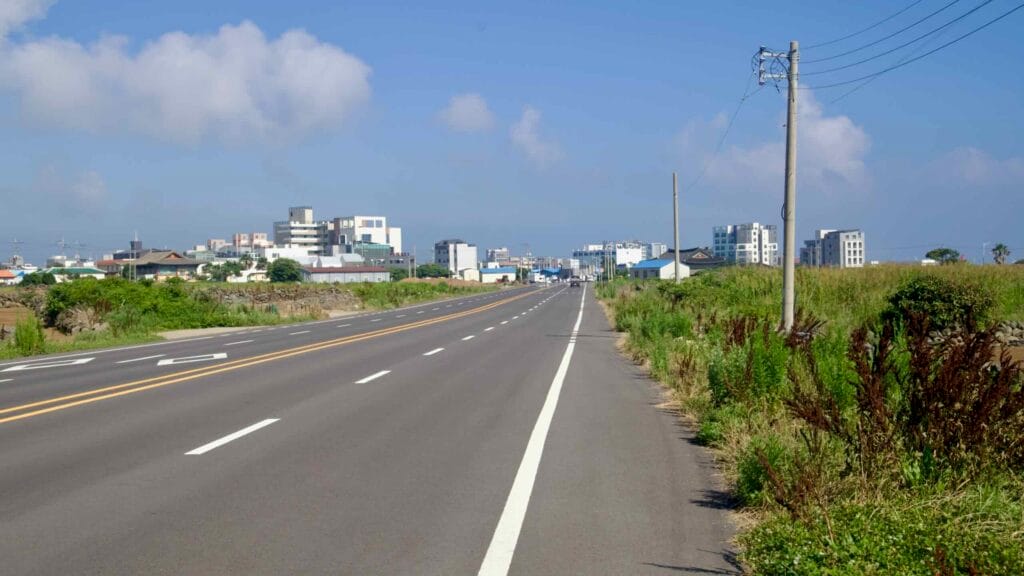 Wide highway toward Moseulpo Port with grasses and distant buildings on Jeju.