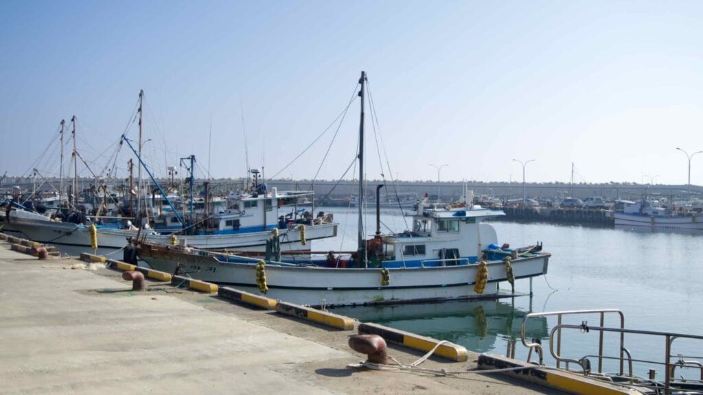 Fishing boats moored along the quay at Moseulpo Port.