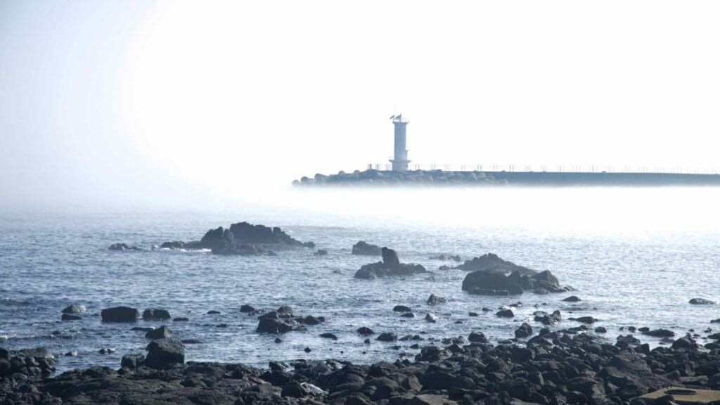 Sea fog rolls past lava rocks toward a lighthouse at the breakwater.