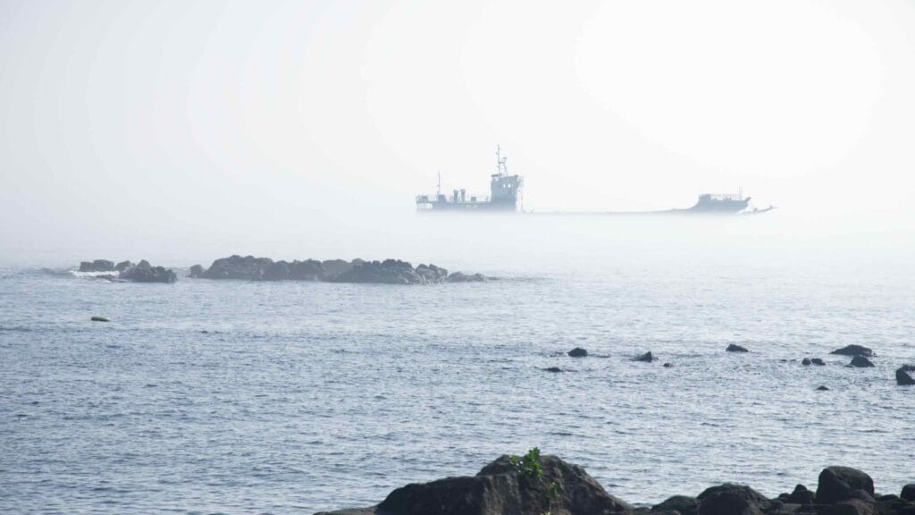 Yachts moored inside Moseulpo’s marina with a mural breakwater beyond.