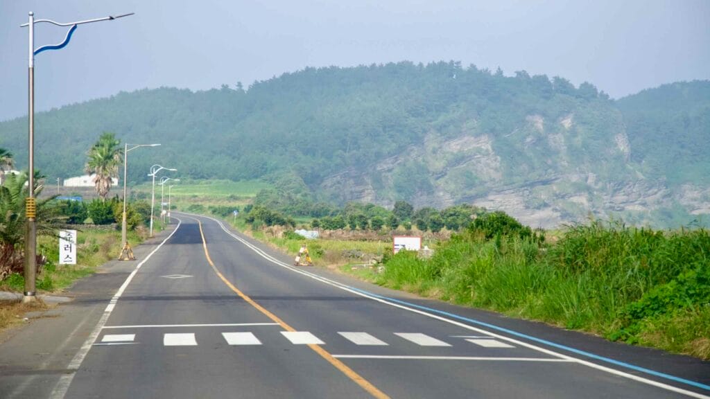 Street lamps and a crosswalk mark a quiet stretch of coastal road.