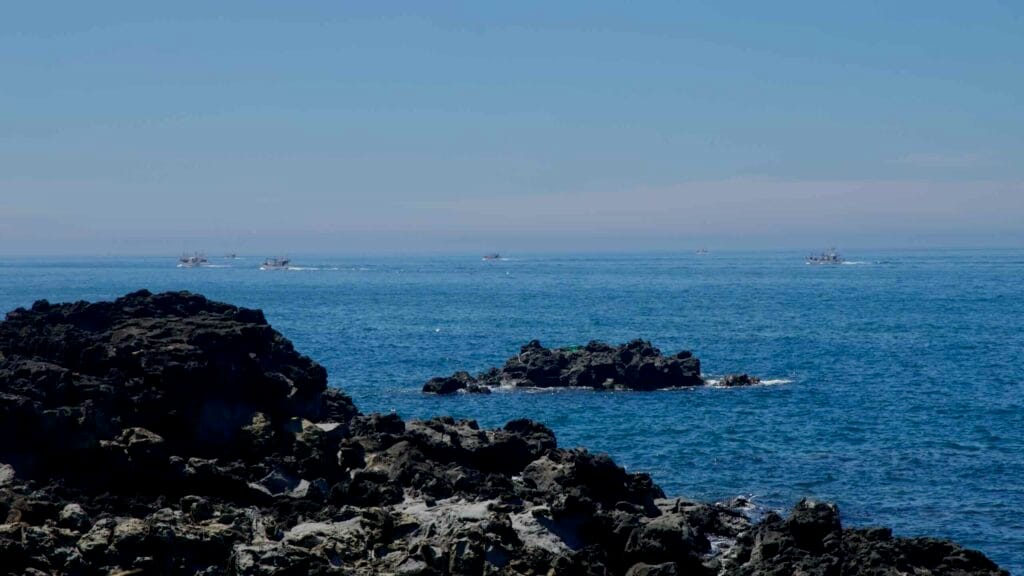 Fishing boats travel beyond jagged basalt outcrops on Jeju’s west coast, with dark lava rocks in the foreground and a…