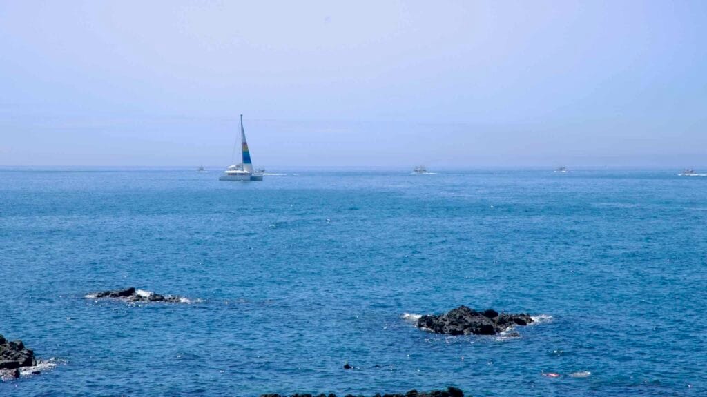 Striped‑sail catamaran glides off the Eoyeong Park coast.