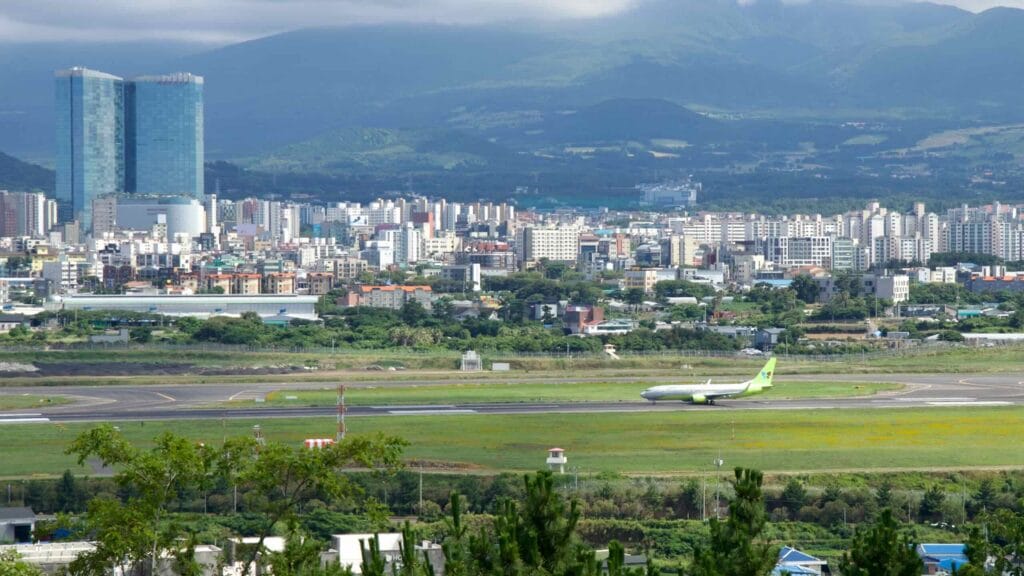 An airplane nears takeoff at Jeju International Airport.