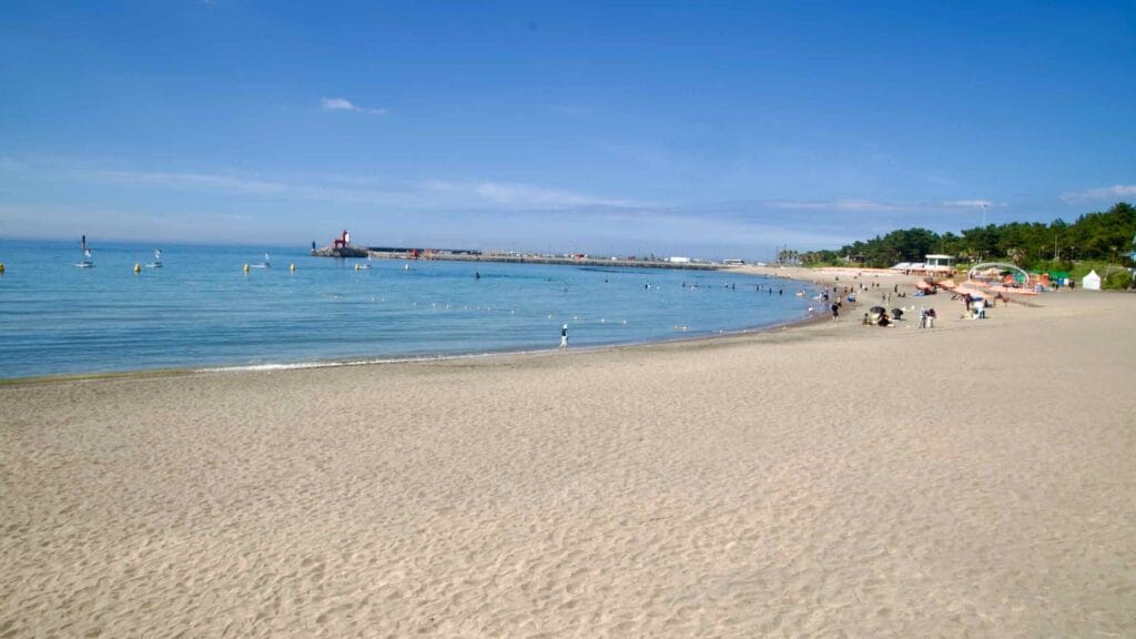 Wide sandy curve of Iho Tewoo Beach with swimmers and buoys.