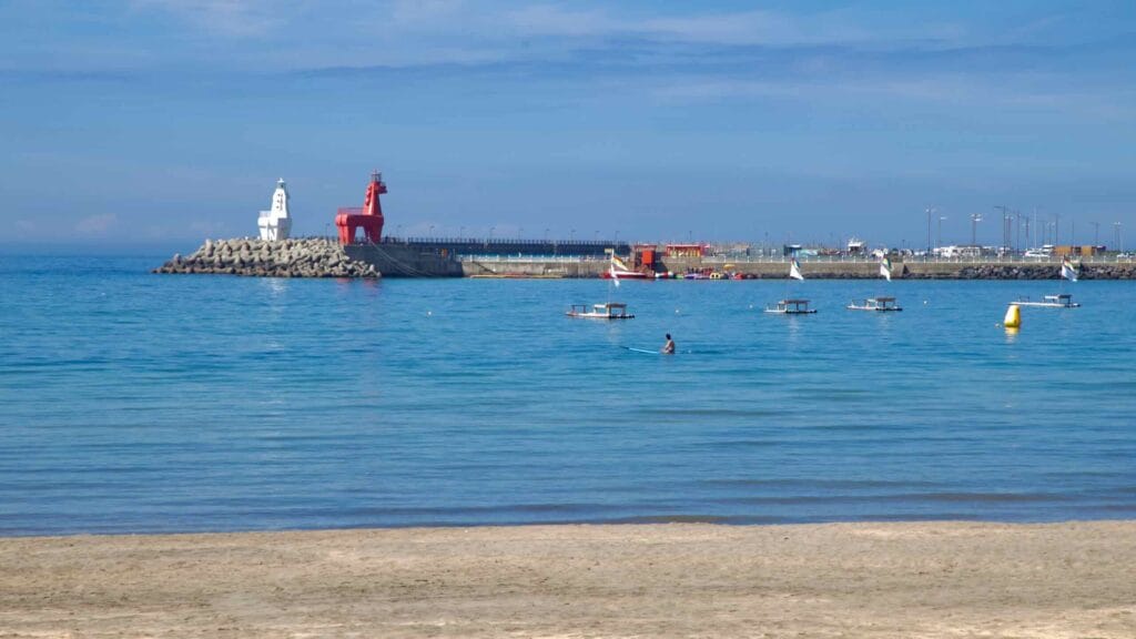 Horse‑shaped lighthouses beyond a calm cove.