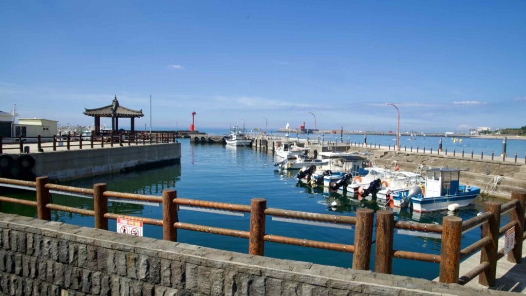 Small fishing boats moored in Iho Port marina.