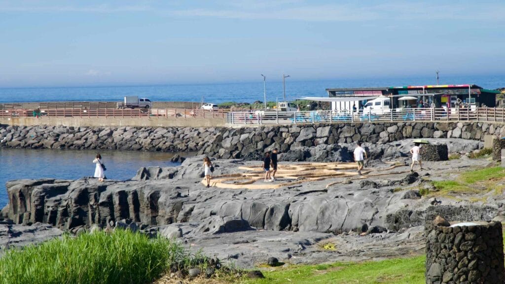 Traditional stone saltpans on basalt beside the calm harbor at Gueom Port.