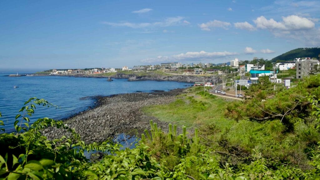 Elevated view across Aewol’s bays and headlands on Jeju’s west coast.
