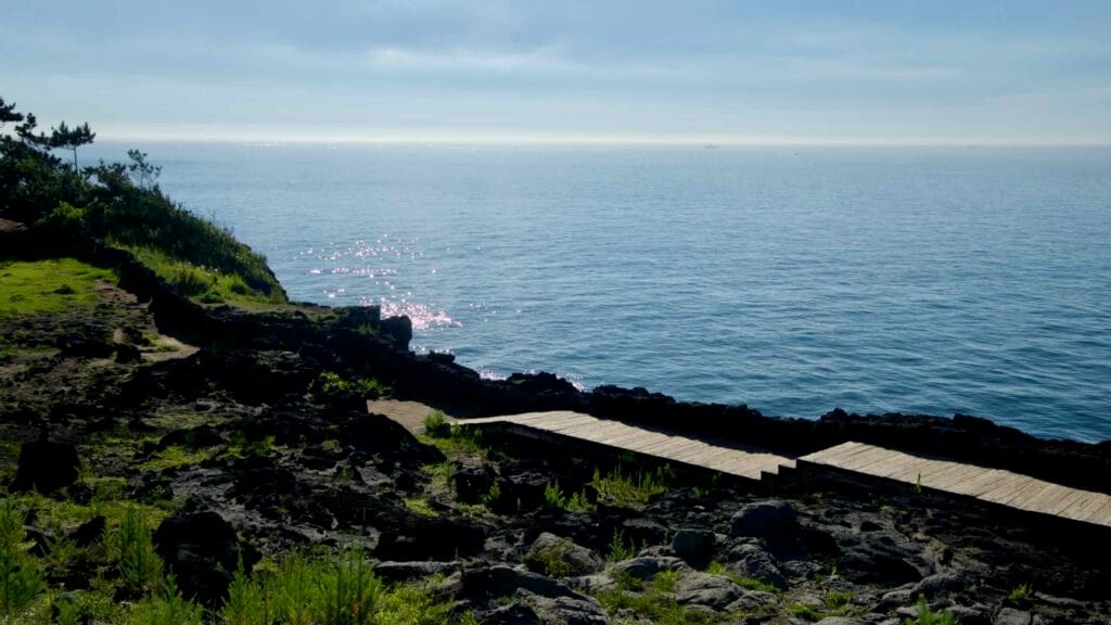 Wooden boardwalk over black volcanic rock along the Handam walk.
