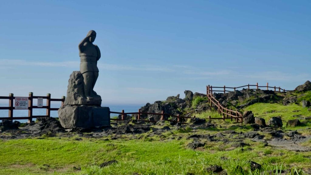 Basalt statue of a woman stands at Darak Shelter.
