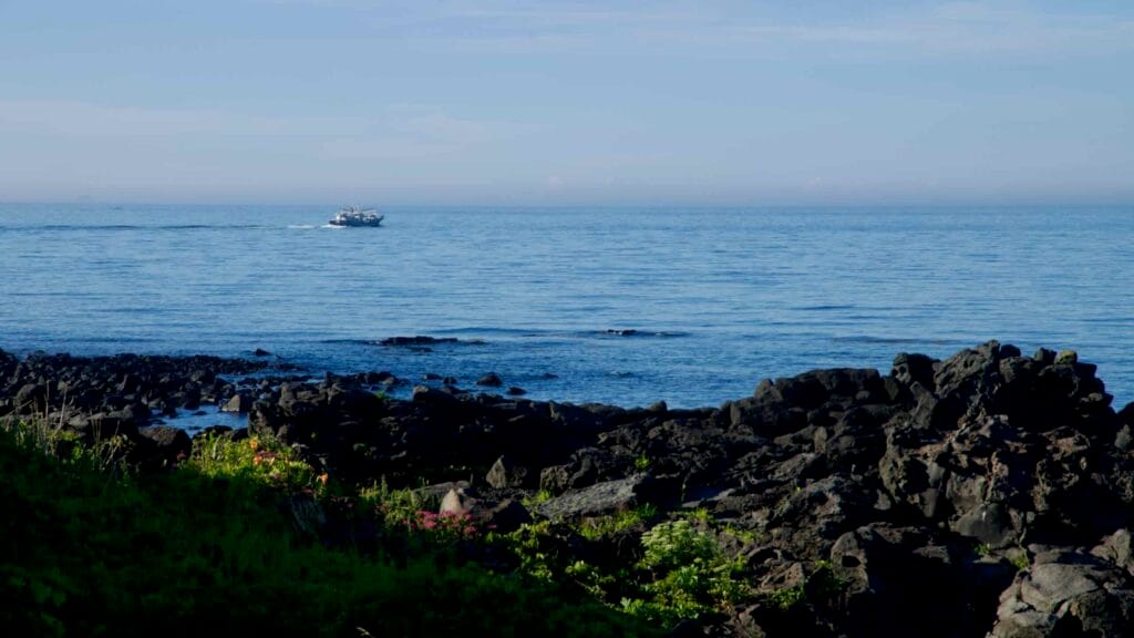 A fishing boat motors past dark lava rocks off Aewol’s coast near Aewol Port.