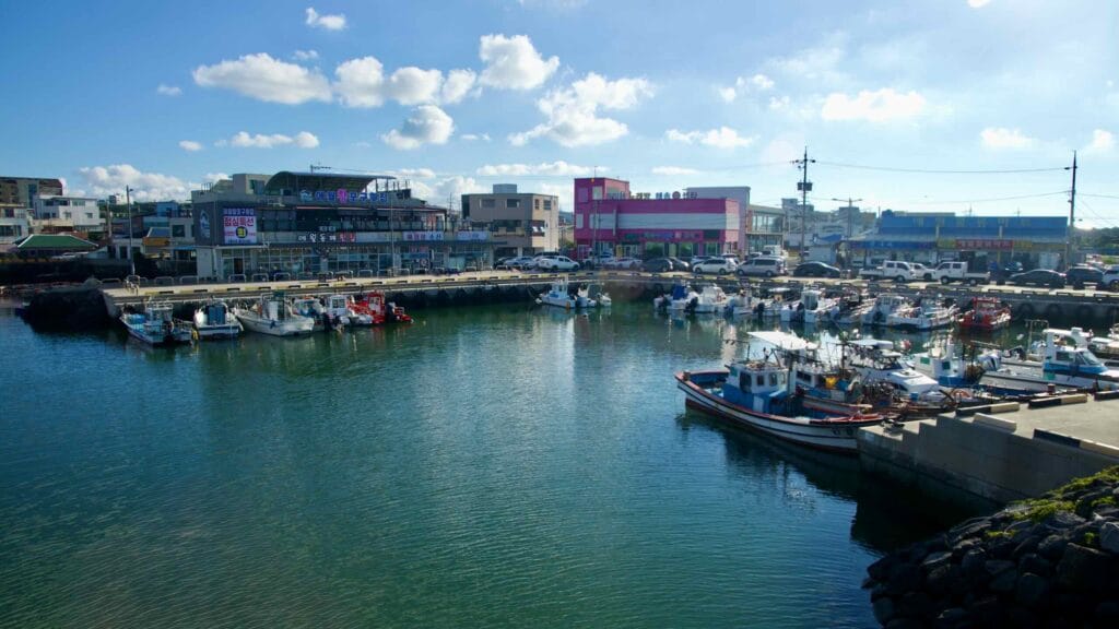 Fishing boats tie up along the commercial waterfront at Aewol Port.