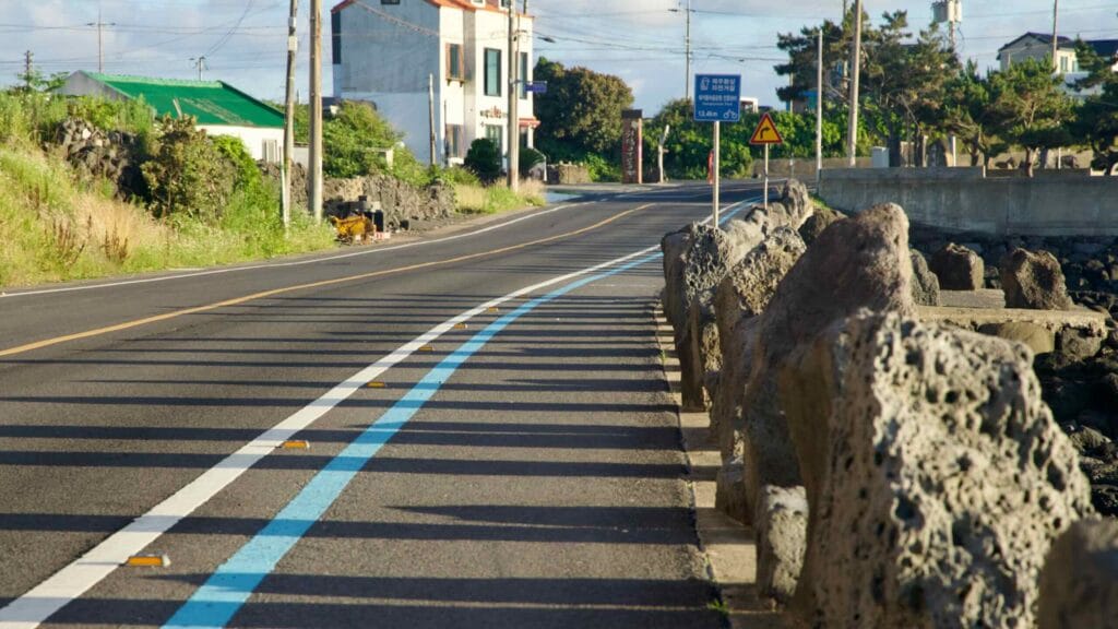 Long rhythmic shadows fall across the blue‑striped bike lane.
