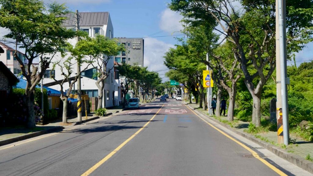 Tree‑lined neighborhood street near Hyeopjae Beach.
