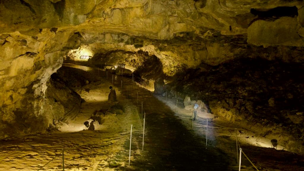 Guide posts and displays line a wide corridor in the Hallim Park lava cave.