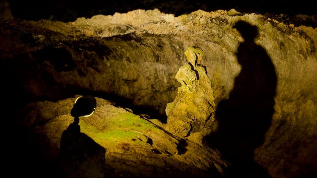 Spotlight throws a dramatic shadow from a rock formation in Hallim Park’s lava cave.