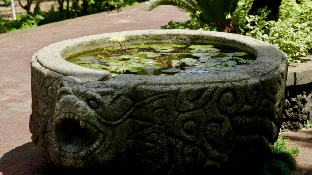 Carved stone basin with water lilies at Hallim Park, Jeju.