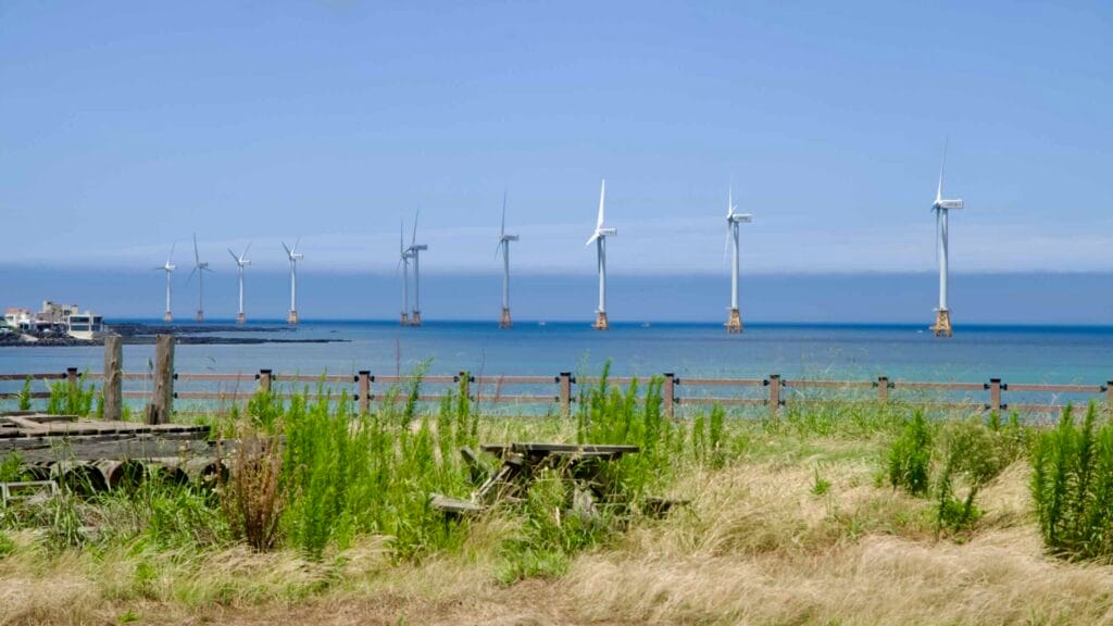 Offshore wind turbines beyond grassland near Haegeoreum Park.