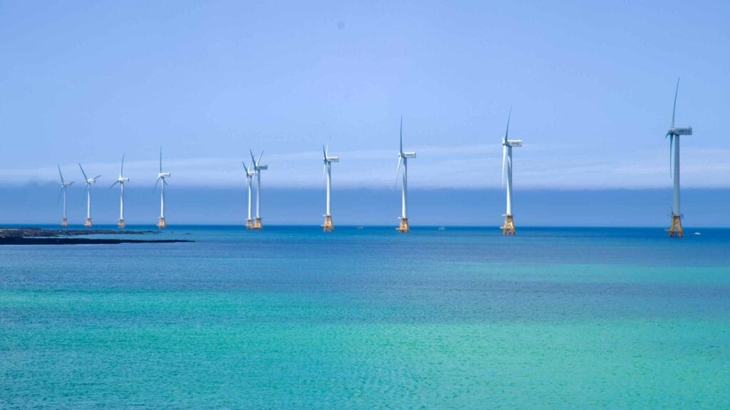 Offshore wind turbines in deep blue water off Sinchang.