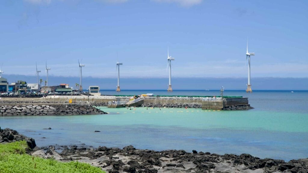 Panpo Port with bathing inlet and offshore wind turbines.