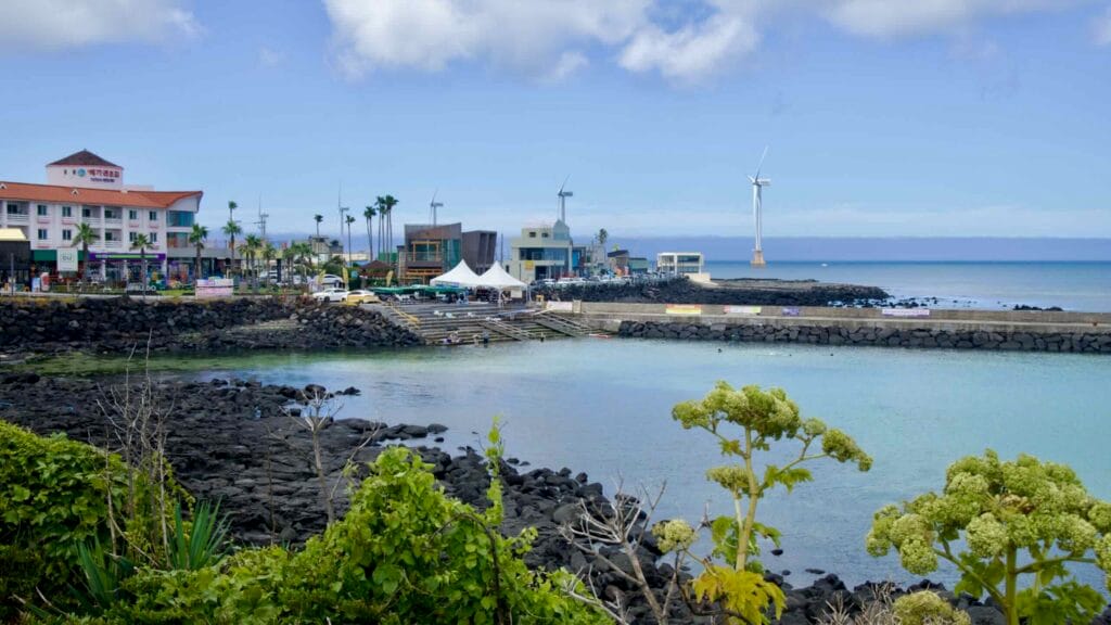 Turquoise inlet and townscape at Panpo Port from an overlook.