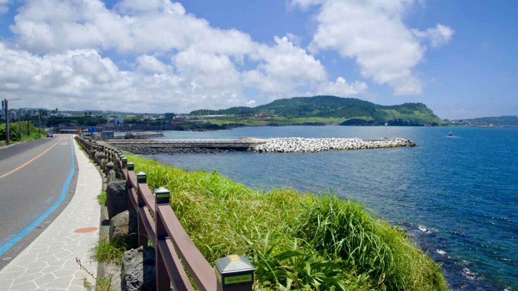 Sidewalk along the coastal road above a tetrapod breakwater.